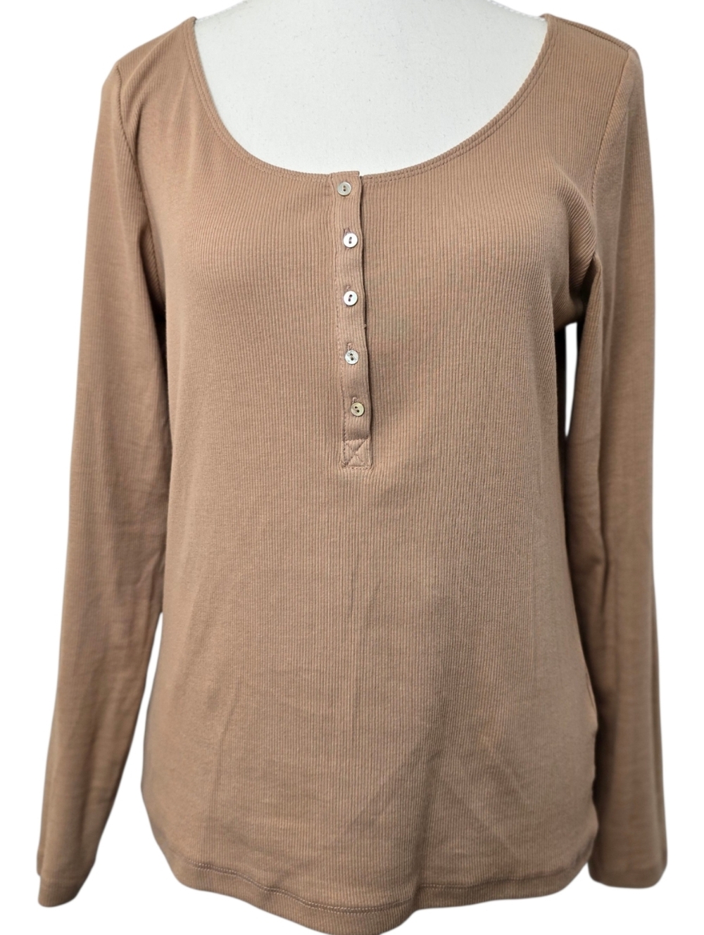 H&M Taupe Ribbed Henley Top Long Sleeve Button Front Fitted Knit Sz L Y2k Casual